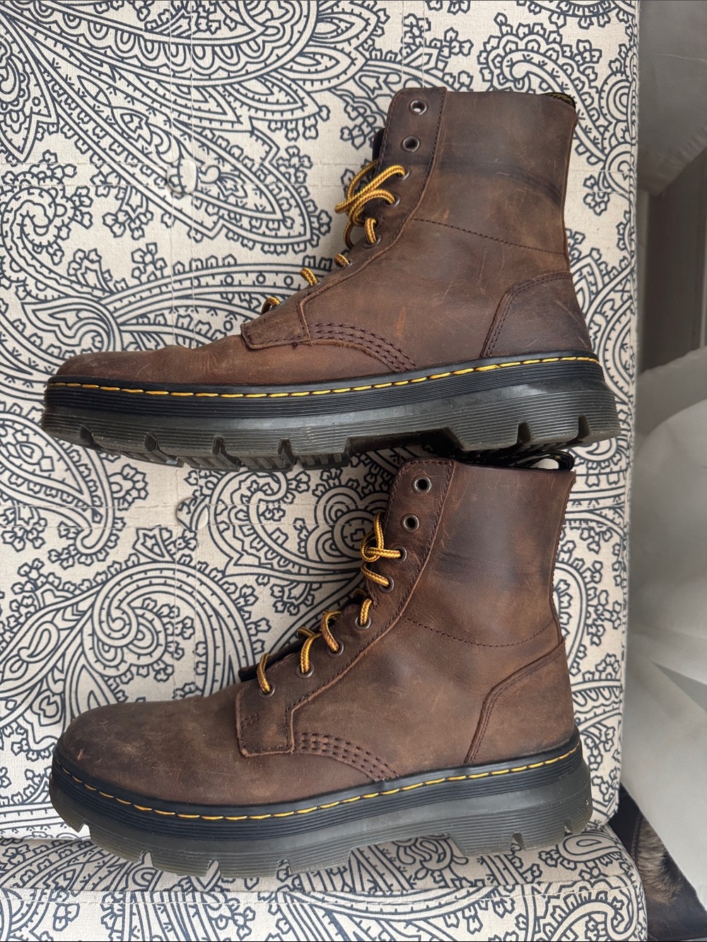 Dr. Martens Brown Leather Lace-Up Work Boots with Yellow Stitching
